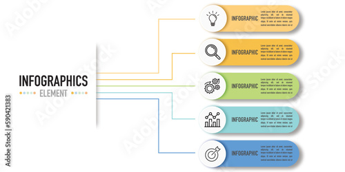 Infographic business template or element as a vector including 5 step, process, point, bullet, option, with colorful label, icons, tags on white background, mind map, for presentation, modern, flat