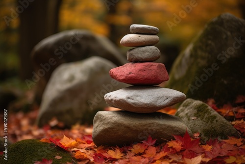 Stone stacks in a Zen garden surrounded by red maple trees. Generative AI