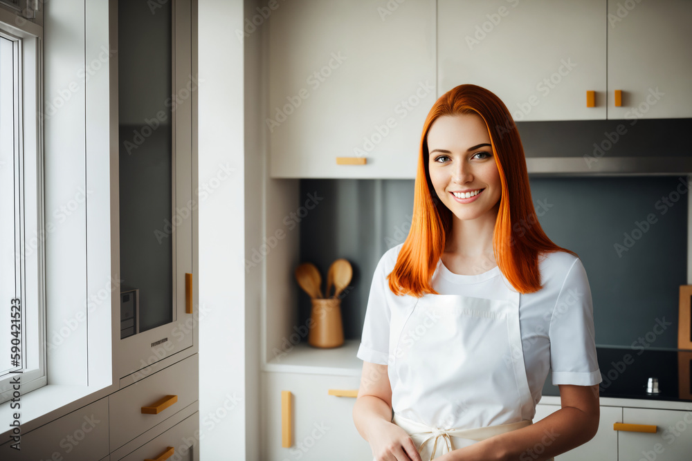 A young woman in an apron prepares a healthy food of vegetables in the kitchen. Generative ai.
A young woman in an apron prepares a healthy food of vegetables in the kitchen. Generative ai.