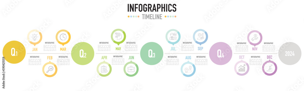 Fototapeta premium Infographic 12 months template as a vector including 4 quartile with colorful circle shape on white background, icons, planning from 2023 to 2024, simple and minimal style, progress to goal, business