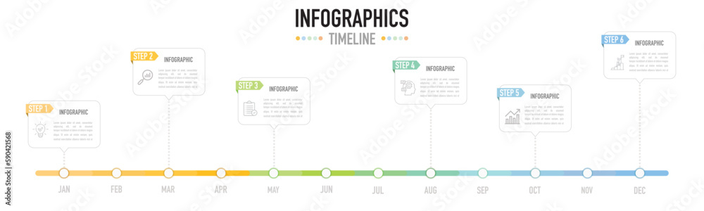 Infographic timeline and business template as a vector including 6 steps or process with 12 months on white background and icons and colorful round edge rectangle shape for progress and planning