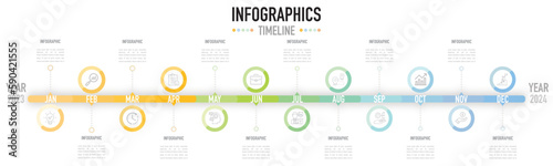 Infographic 12 months timeline template as a vector with colorful circle shape and icons from year of 2023 to 2024 on white background for business planner or calendar, progress to goal simple minimal