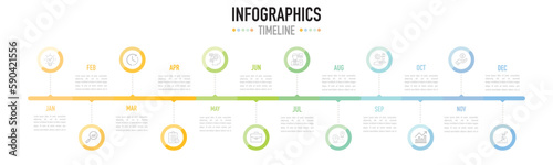 Gantt chart timeline infographic template, element with 12 months, colorful circle, icons, circular, 3D paper origami for mind map, calendar, planner, simple, minimal, modern style, sale slide