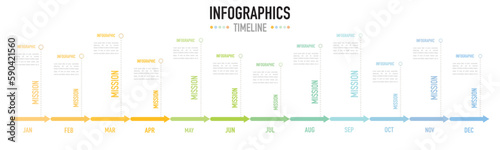 Infographic timeline template as a vector for 12 months planner, colorful label, simple and minimal style, for business planning presentation on white background, make mission of the year and future