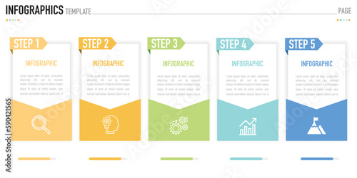 Infographic template as a vector has 5 steps, elements or process, with colorful rectangles and icons, simple or minimal style, on white background for business work presentation and 5 topic labels