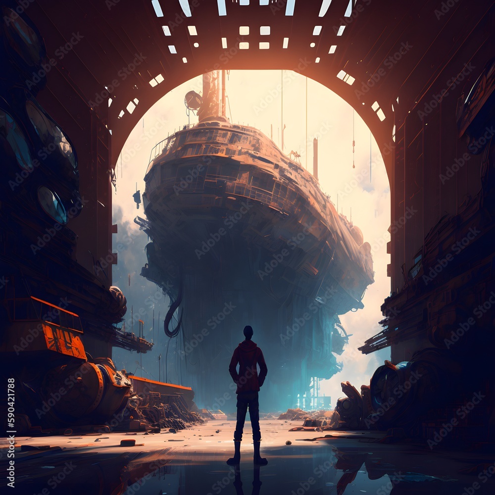 a person wander in shipyard he look on the endless hall with many ...