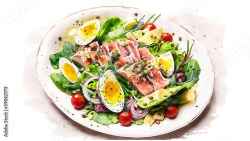 Tuna salad, healthy food concept. Watercolor. Generated AI