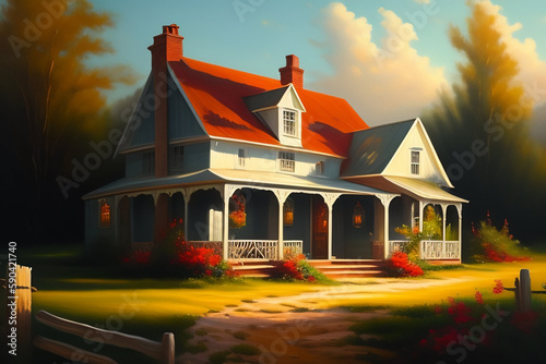 A house with a red roof and a white roof. Generative Ai	