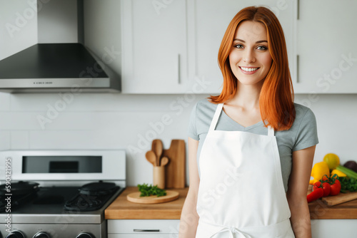 A young woman in an apron prepares a healthy food of vegetables in the kitchen. Generative ai.	