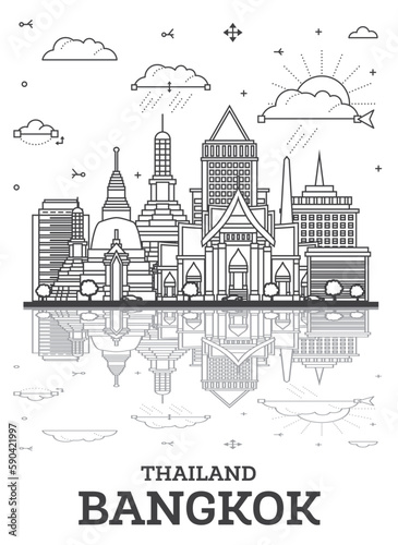 Outline Bangkok Thailand City Skyline with Historic Buildings and Reflections Isolated on White. Bangkok Cityscape with Landmarks.