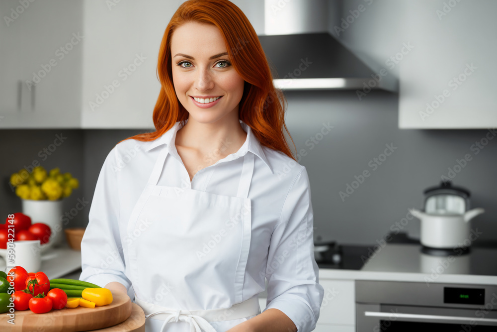 A young woman in an apron prepares a healthy food of vegetables in the kitchen. Generative ai.	
