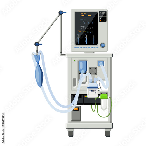 Medical equipment, ventilators on wheelchairs, screens showing patient vital signs Artificial lung at the end of the tube. Critically ill patients Life Support or Resuscitation