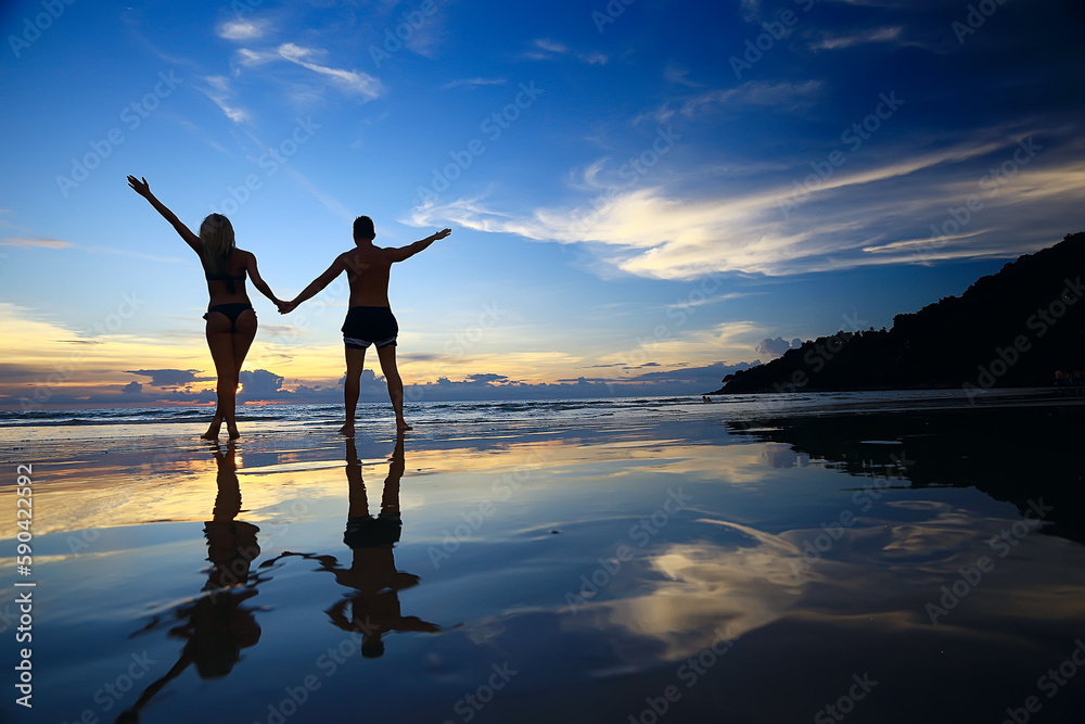 young couple on the beach, romantic person summer sea vacation