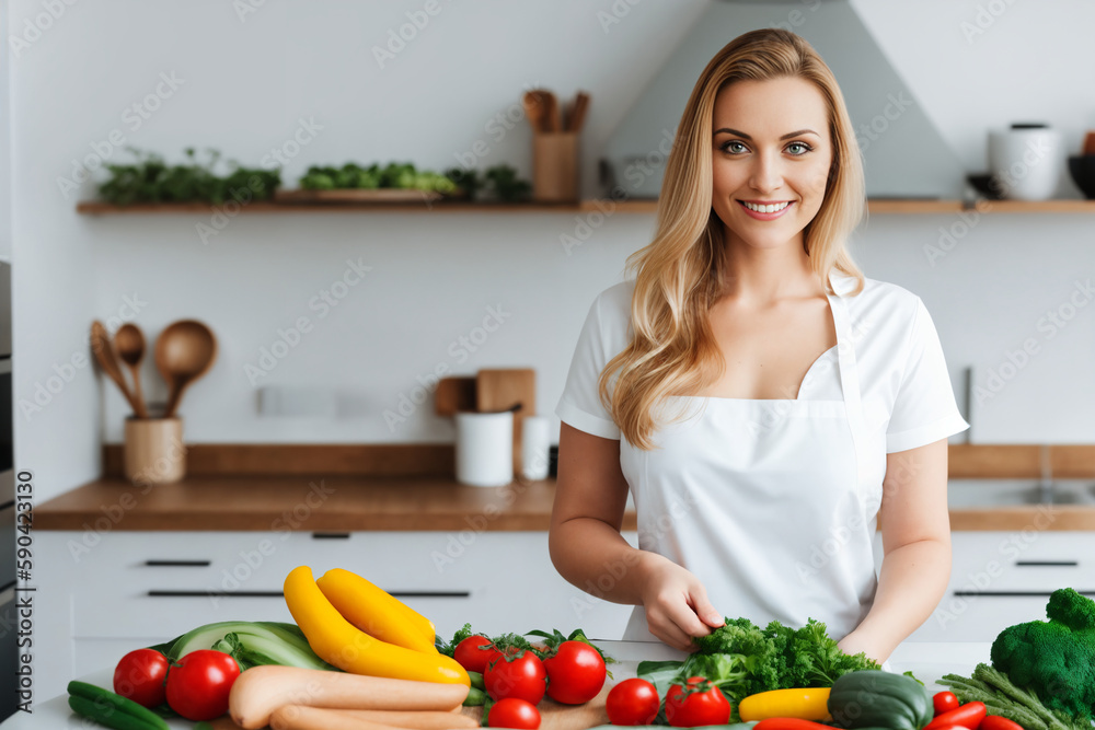 A young woman in an apron prepares a healthy food of vegetables in the kitchen. Generative ai.	