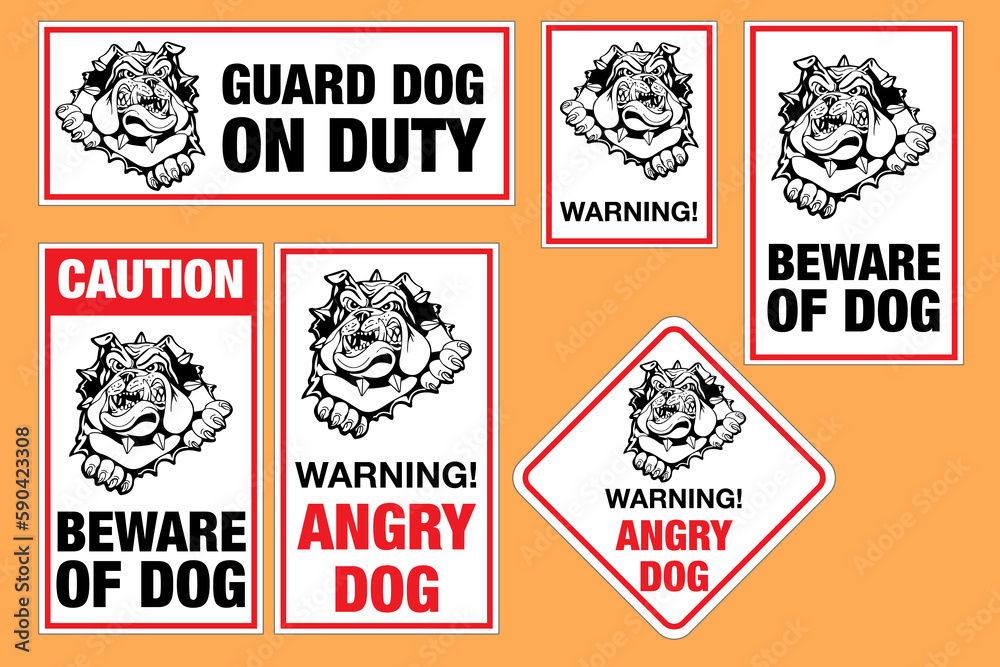 Obraz premium Beware of dog and angry dog warning sign. Vector of a cute dog, bull terrier, bulldog, pitbull. Print for poster or t-shirt, stickers. Eps10 vector illustration.