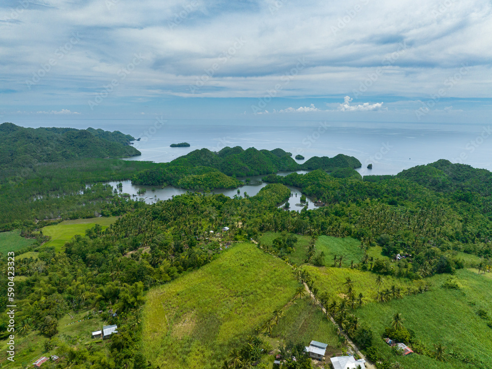 Aerial view of tropical islands and jungle against the background of the blue sea. Negros, Philippines