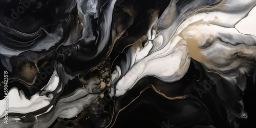 Luxury abstract fluid art painting in alcohol ink technique. Transparent waves and colorful swirls. Marble effect, painted texture, smooth marbled background, white and black. Image is AI generated.