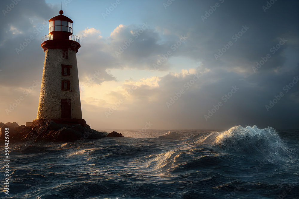 Waves hitting a lighthouse at sunset, seascape with a gloomy sky, dramatic lighting, generative AI