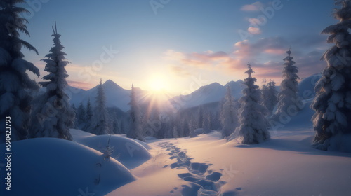 path in snow landscape in finland, mountain range and low sun, made with generative ai