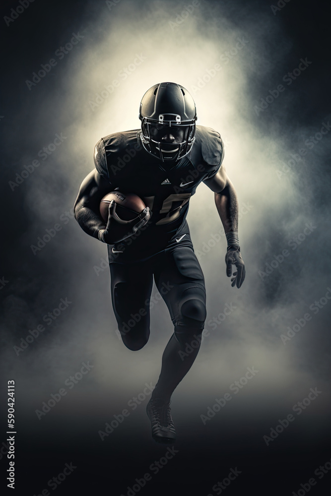 A black american football player running while carrying football. Generative AI