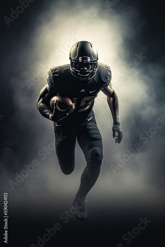 A black american football player running while carrying football. Generative AI © nornie