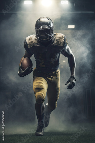 A black american football player running while carrying football. Generative AI