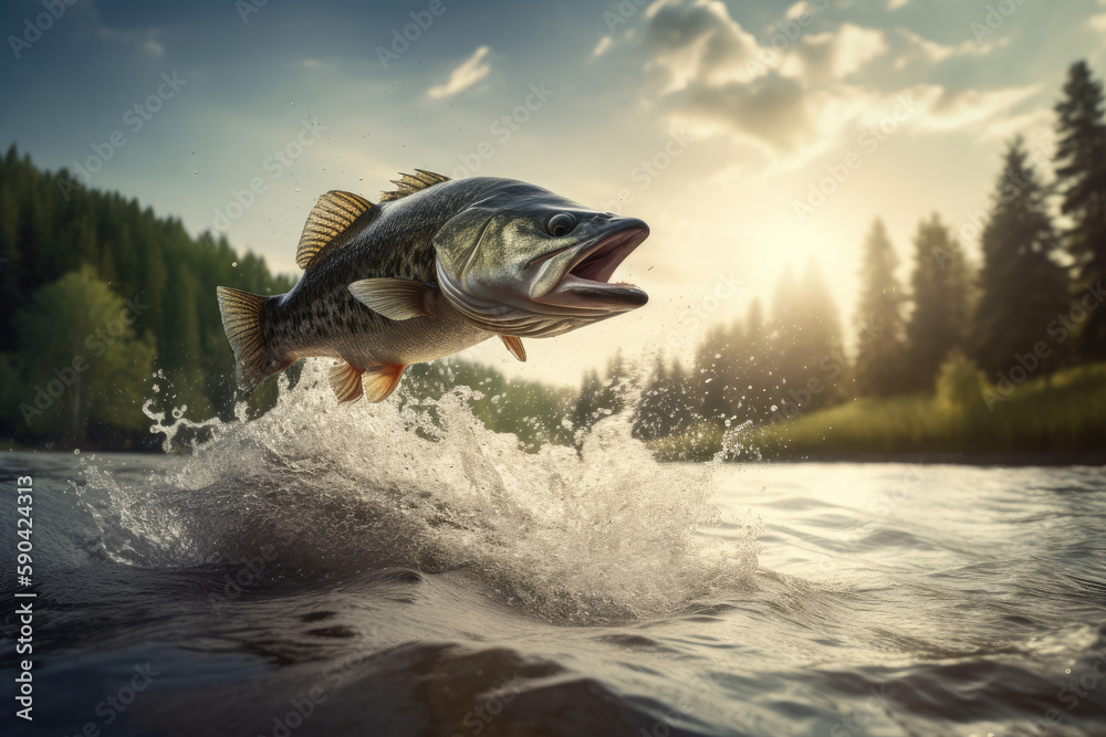 Fototapeta premium Bass fish jumping out of river. Generative AI
