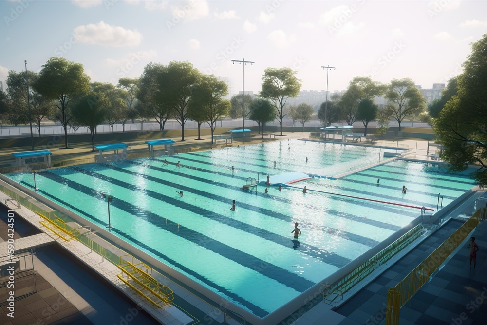 Obraz premium design sculpture garden, large outdoor theater, playground ,community pool for swimmin , generative artificial intelligence
