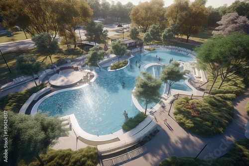 design sculpture garden, large outdoor theater, playground ,community pool for swimmin , generative artificial intelligence