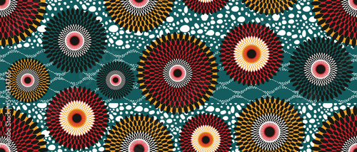 African ethnic traditional green pattern. seamless beautiful Kitenge, chitenge,Ankara style. fashion design in colorful. Geometric circle abstract motif. Floral Ankara prints, African wax prints