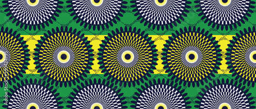 African ethnic traditional green pattern. seamless beautiful Kitenge, chitenge,Ankara style. fashion design in colorful. Geometric circle abstract motif. Floral Ankara prints, African wax prints