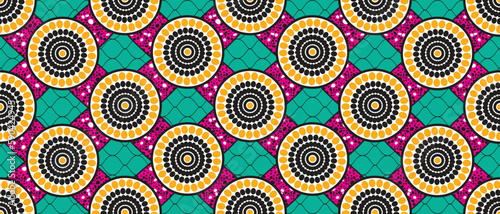 African ethnic traditional pattern. seamless beautiful Kitenge, chitenge, Ankara style. fashion design in colorful. Geometric circle abstract motif. Floral flower Ankara prints, African wax prints