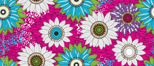 African wax print pattern. seamless beautiful Kitenge, chitenge, dutch wax, and Angara style. fashion design in colorful. floral botanical flower on pink background. African Wax Print Fabric.