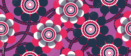African wax print pattern. seamless beautiful Kitenge, chitenge, dutch wax, and Angara style. fashion design in colorful. white, blue botanical flower on purple background. African Wax Print Fabric.