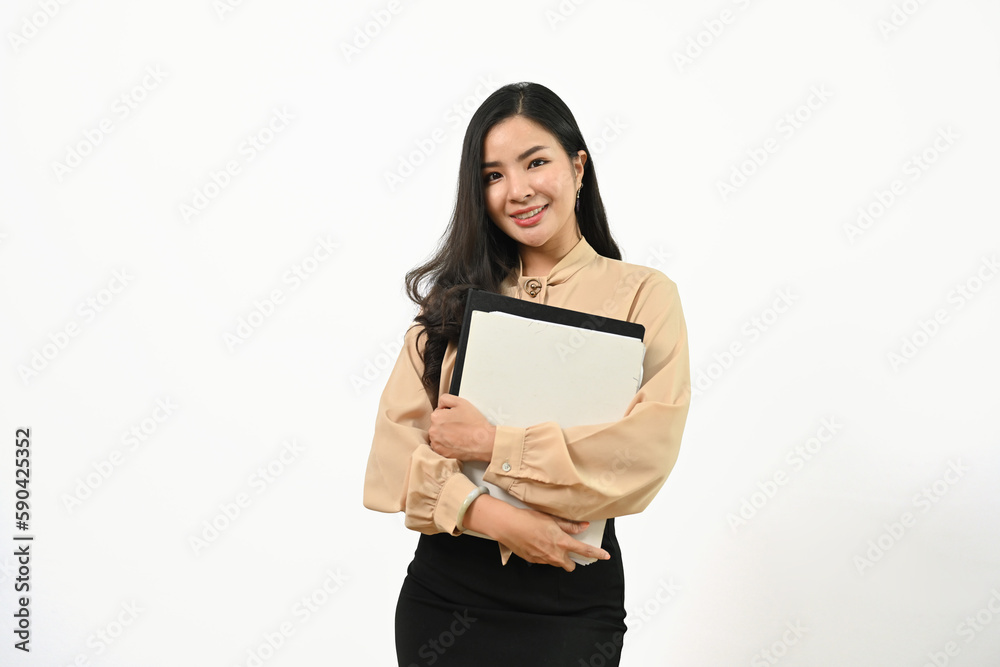 Portrait of beautiful asian business woman holding folder standing isolated over white background Portrait of beautiful asian business woman holding folder standing isolated over white background
