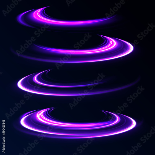 High speed effect motion blur night lights blue and red. Futuristic neon light line trails. bright sparkling background.  Curve light effect of blue line. Luminous blue circle. 
