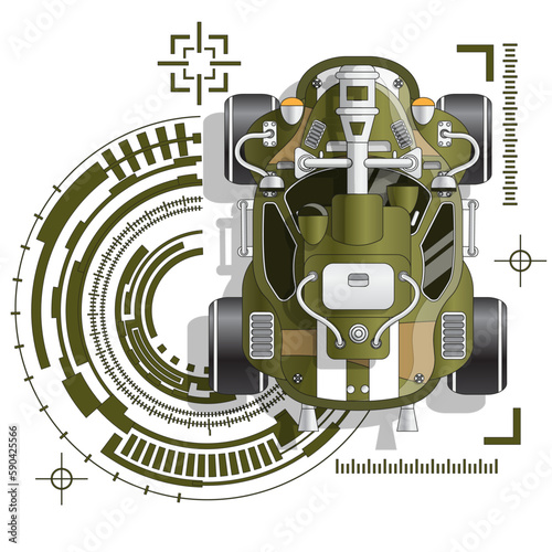 Futuristic combat vehicle on a technological background. View from above. Isolated on white background. Vector illustration.