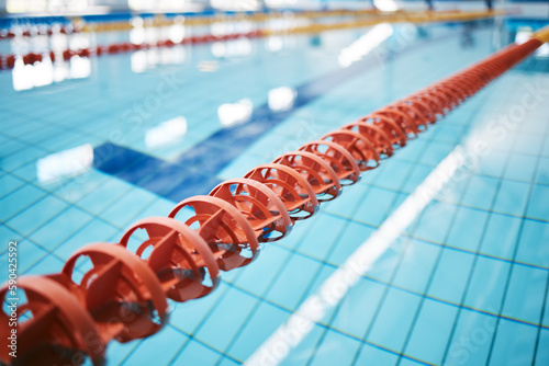Fotografie Water, empty swimming pool and lanes for competition, exercise and workout