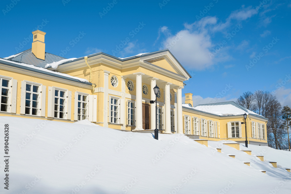At the main building of the old Monrepo estate on a sunny March day. Vyborg. Leningrad region, Russia At the main building of the old Monrepo estate on a sunny March day. Vyborg. Leningrad region, Russia