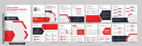 Real estate agency portfolio and profile layout vector with red and dark colors. Modern home-selling business magazine template design with photo placeholders. House sale promotional booklet vector.