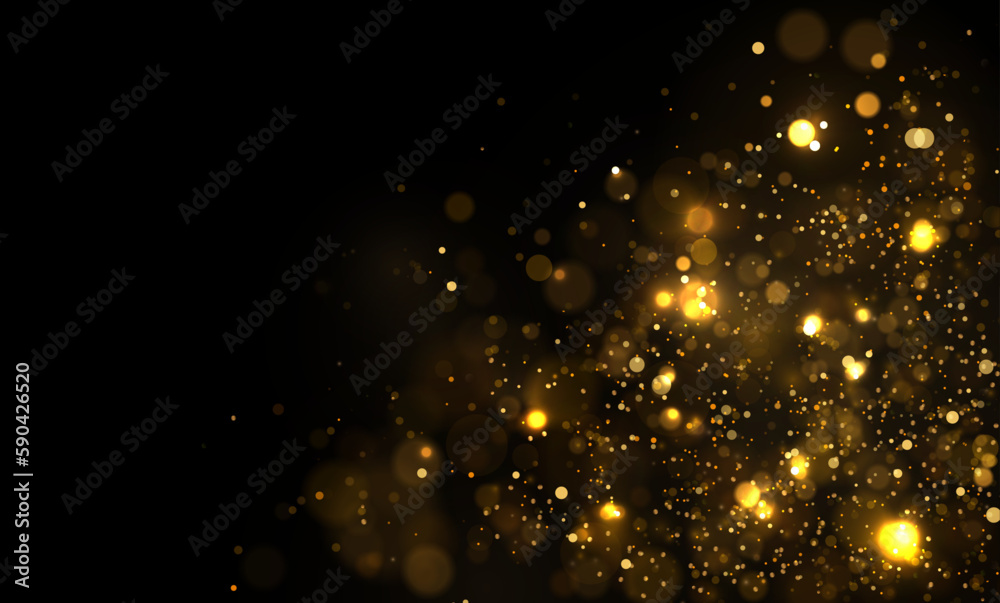 Magic shine of stars or dust particles sparks with bokeh effect. Festive vector background with gold glitter and confetti for christmas celebration.