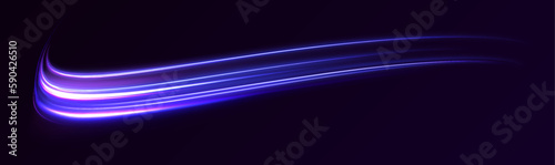 Dynamic composition of bright lines forming lights path of speed movement, futuristic dark background, graphic design element
