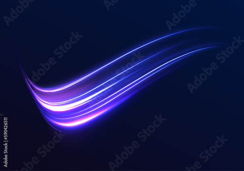 Light Trails On Road At Night. 3d render, abstract futuristic neon background with glowing ascending lines. Fantastic wallpaper