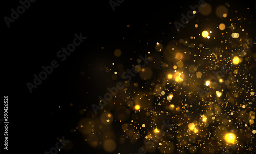 Magic shine of stars or dust particles sparks with bokeh effect. Festive vector background with gold glitter and confetti for christmas celebration.