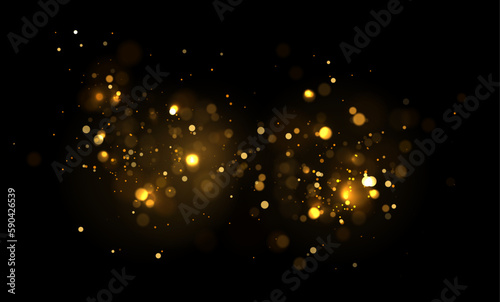 Christmas lights. Glowing flying dust. Bright dust sparkling on black wallpaper design. Vector illustration