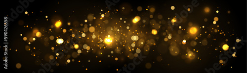 Background with falling golden glitter particles. Falling gold confetti with magic light. Beautiful light background