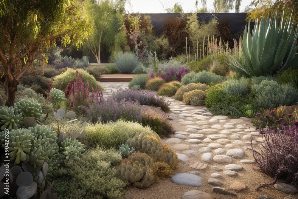 garden with a mix of plants that attract pollina, with a mix of wildflowers for a natural area. garden with a mix of plants with interesting bark  with a small gree, generative artificial intelligence