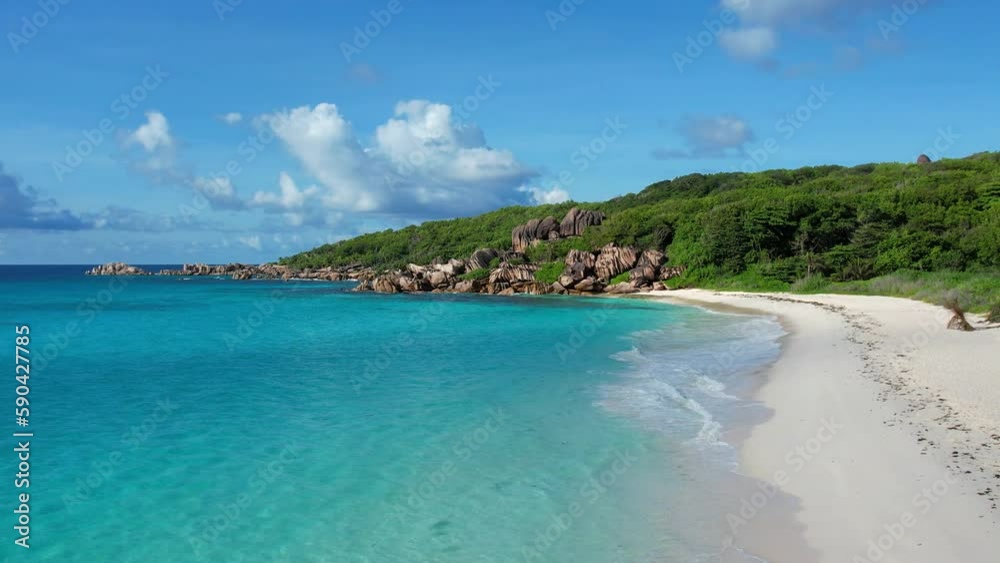 Seychelles white beach and turquoise sea view from above Seychelles white beach and turquoise sea view from above