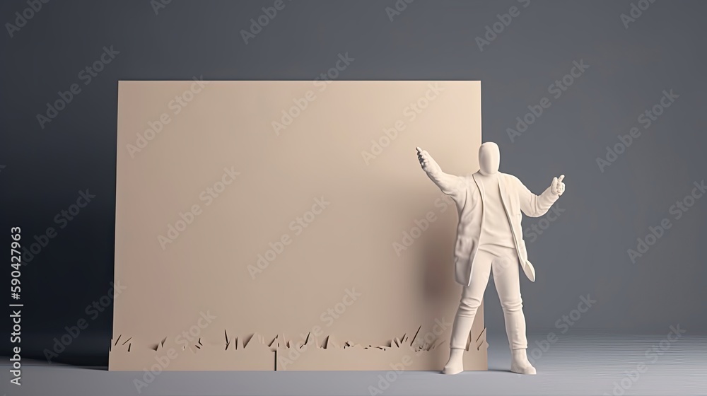 A mannequin gestures towards a blank canvas in a dramatic pose. - obrazy, fototapety, plakaty 