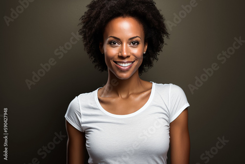 A young adult woman with a cheerful smile, thick afro hair and individual style poses for an indoor studio shoot. She looks directly at the camera, her teeth gleaming in happiness, Generative Ai © Ayepeid